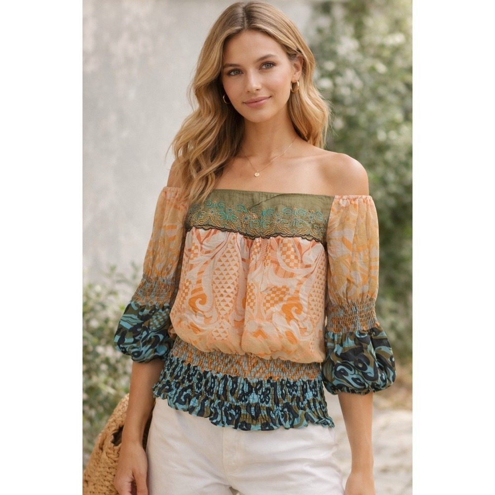 Embroidered Blouse Womens Small Green Blue Smocked Puff Sleeve Colorful Top Boho